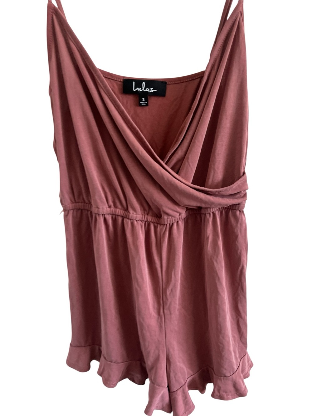 Lulu's Mauve Pink Surplice Ruffle Hem Women's  Short Romper